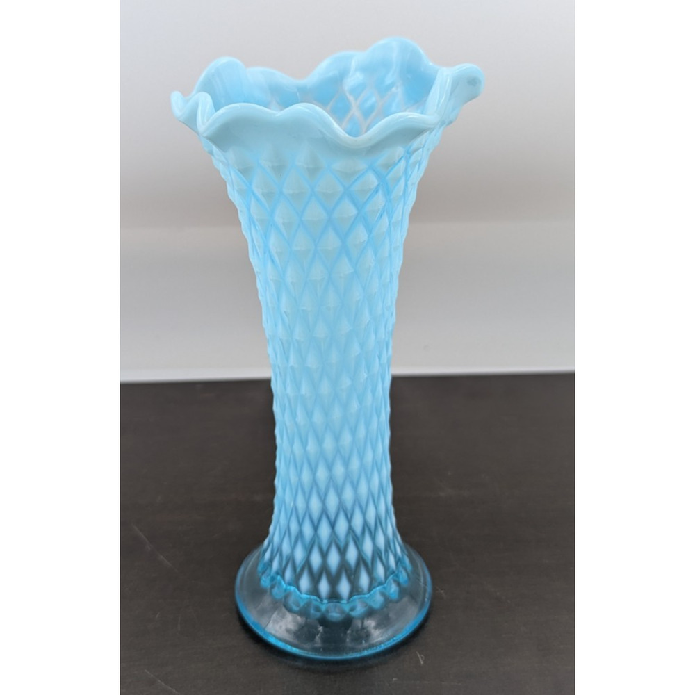 Antique Northwood Diamond Point Aqua Blue Opalescent Swung Stretch Vase Marked N